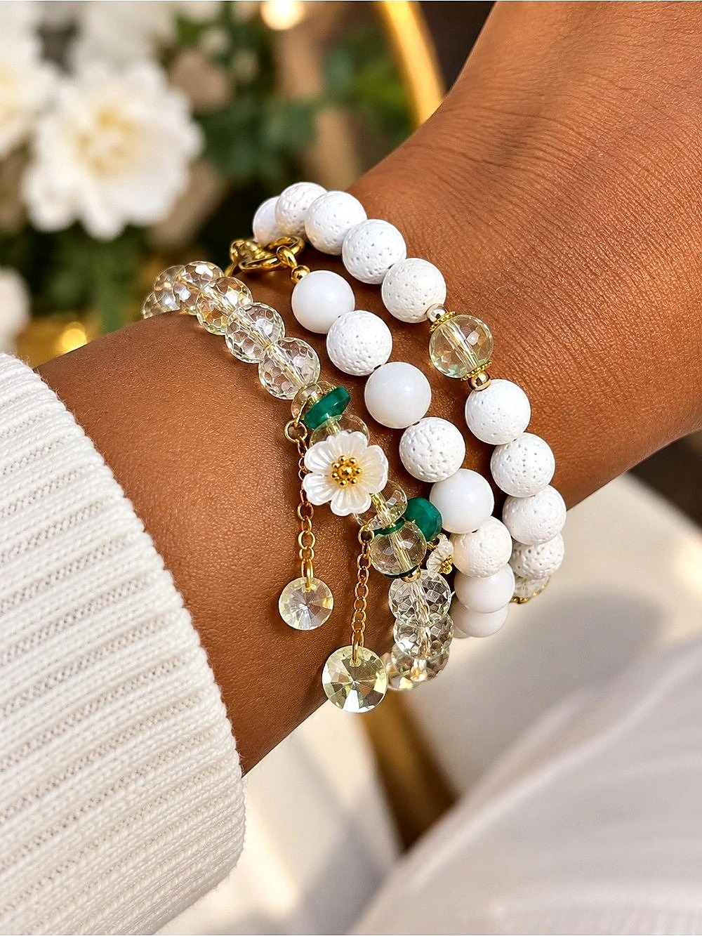 White & Clear Beaded Charm Bracelet Set